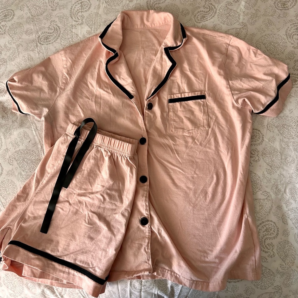 Pink Short-Sleeve Pajama Set with Black Trim